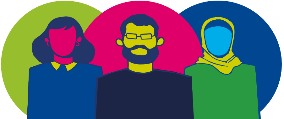 Stylised graphic of three people.