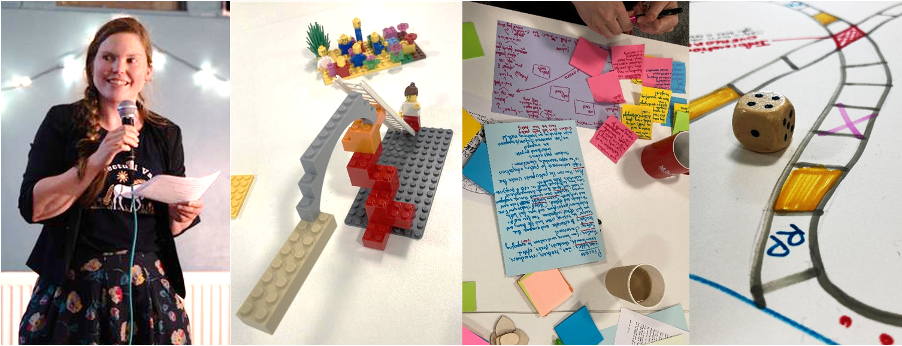 Composite of images: a person with a microphone, smiling, a lego model, poetry notes and sticky notes on a table with coffee cups, and a hand drawn boardgame.