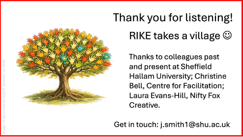 A tree with colourful hands and the line ‘RIKE takes a village.’ Thanks to colleagues past and present at Sheffield Hallam University; Christine Bell, Centre for Facilitation; Laura Evans-Hill, Nifty Fox Creative.