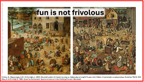 Two portions from 16th century Pieter Brueghel paintings: one of children playing, the other of a rural carnival.
