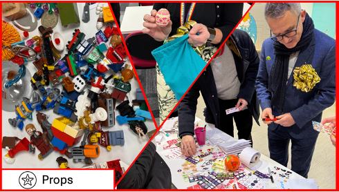 A collage of people workng with toys and stickers. One person is wearing a large gold bow.