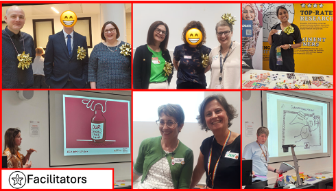 A collage of people posing for the camera wearing large gold bows, or giving presentations.