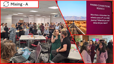 A collage of people in a room in conversation.