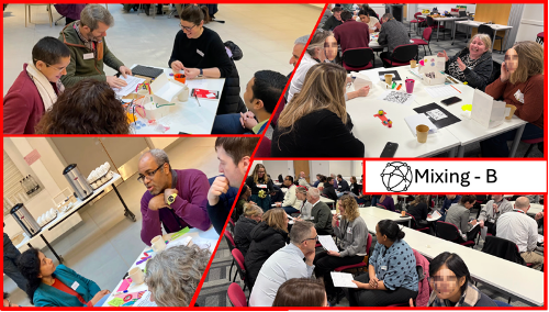 A collage of people working in groups at tables, or sitting across from each other in a row of chairs, all actively in conversation.