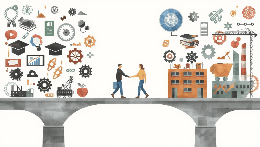 HEI-Industry collaboration, created from the prompt ‘Create an image of academia-industry collaboration, using the concept of bridging two institutional worlds’. Image is generated by Canva AI.