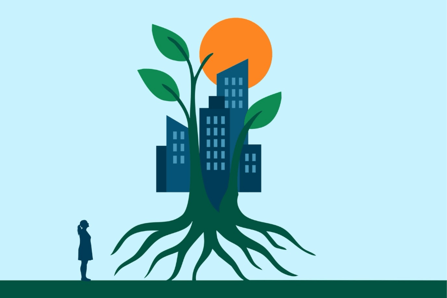 A graphic representation of a person looking up at a building contained within a tree