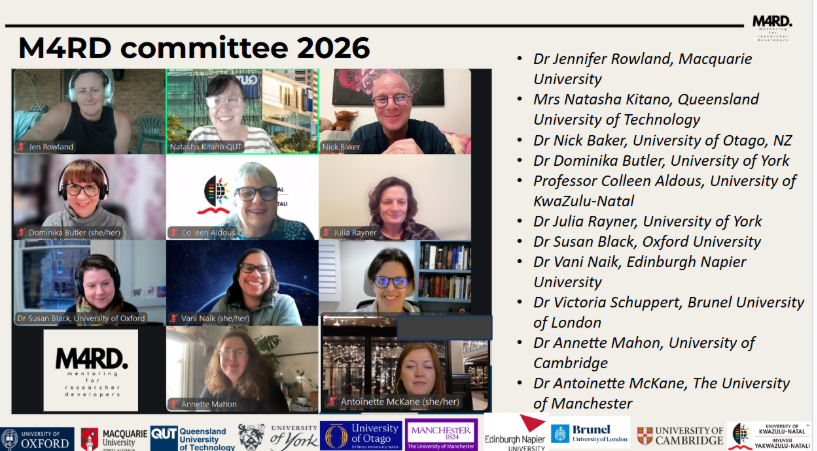 A zoom screenshot showing the committee: Mrs Natasha Kitano, Queensland University of Technology, Australia ORCiD; Dr Vani Naik, Edinburgh Napier University, Scotland; Dr Antoinette McKane, University of Manchester, England ORCiD; Dr Susan Black, University of Oxford, England, ORCiD; Dr Jennifer Rowland, University of Macquarie, Australia, ORCiD; Dr Victoria Schuppert, Brunel University of London, England; Dr Annette Mahon, University of Cambridge, England; Dr Dominika Butler, University of York, England; Dr Julia Rayner, University of York, England; Professor Colleen Aldous, University of KwaZulu-Natal, South Africa, ORCiD; Dr Nicholas (Nick) Baker, University of Otago, New Zealand, ORCiD. 