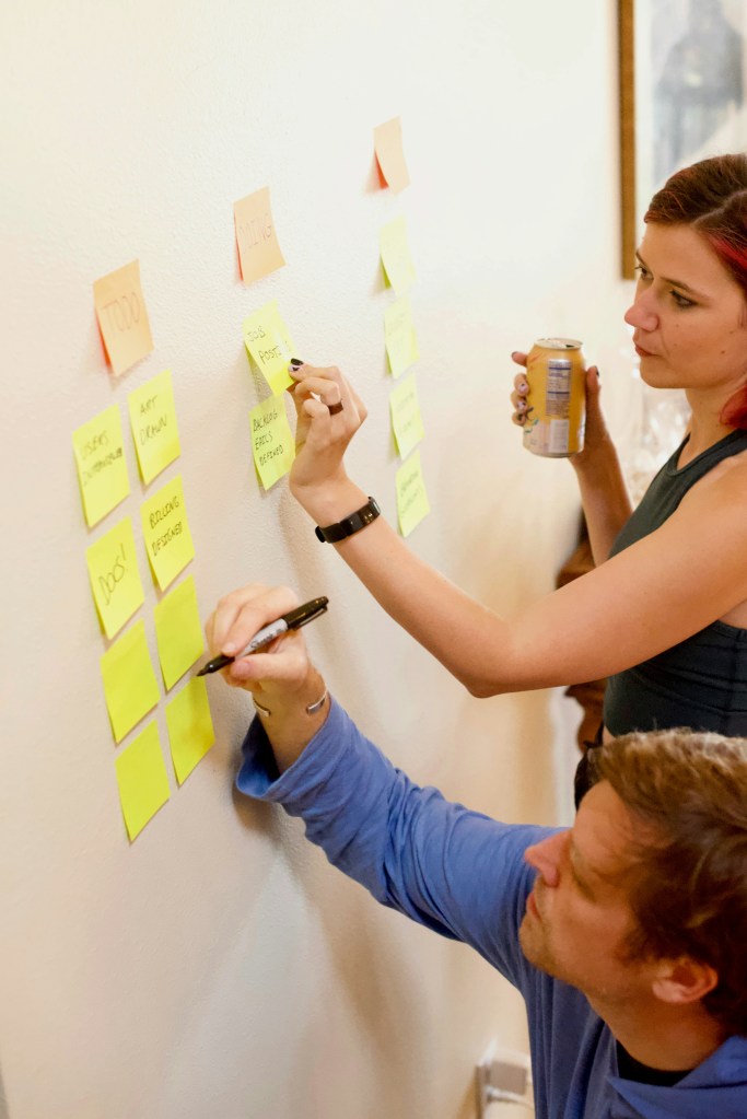 Two people collaborate at a whiteboard covered in post it notes