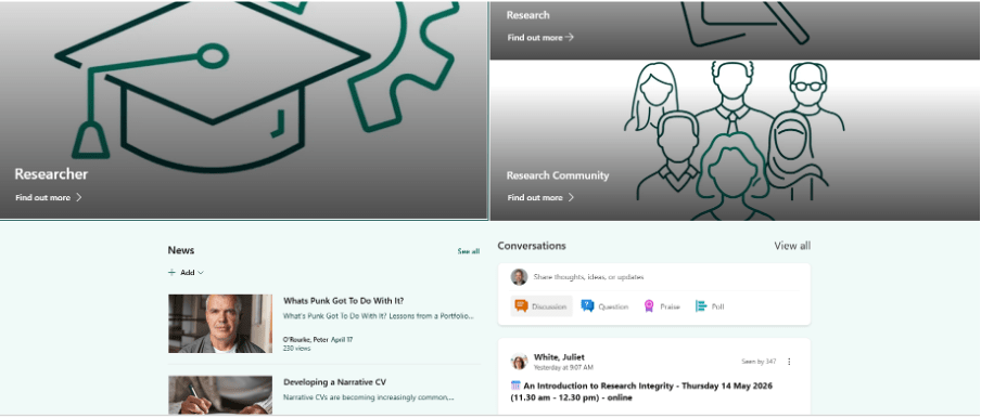 Figure 2 Screenshot of section of home page of new site, showing the themed navigation as well as the blog posts (News) and Viva Engage messages (Conversations). There is an overall green theme to the site, linking with the institutional colour branding, and more engaging images to attract visitors and site users.