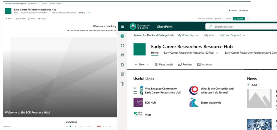 Figure 1. Two overlapping screenshots showing the rather drab appearance of the site as was. The first image on the left is grey and unappealing, while the second overlapping image on the right has a list of ‘Useful Links’ with small icons.